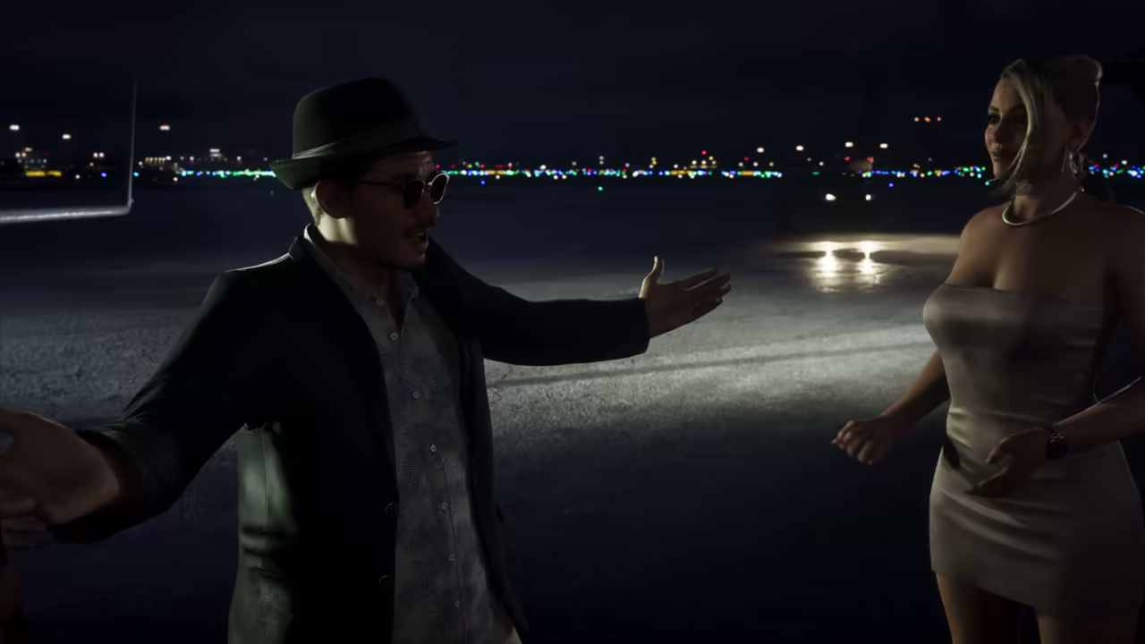 Andrés de León greeting Lucia during a nighttime airport introduction in Rockstar's Extended Look