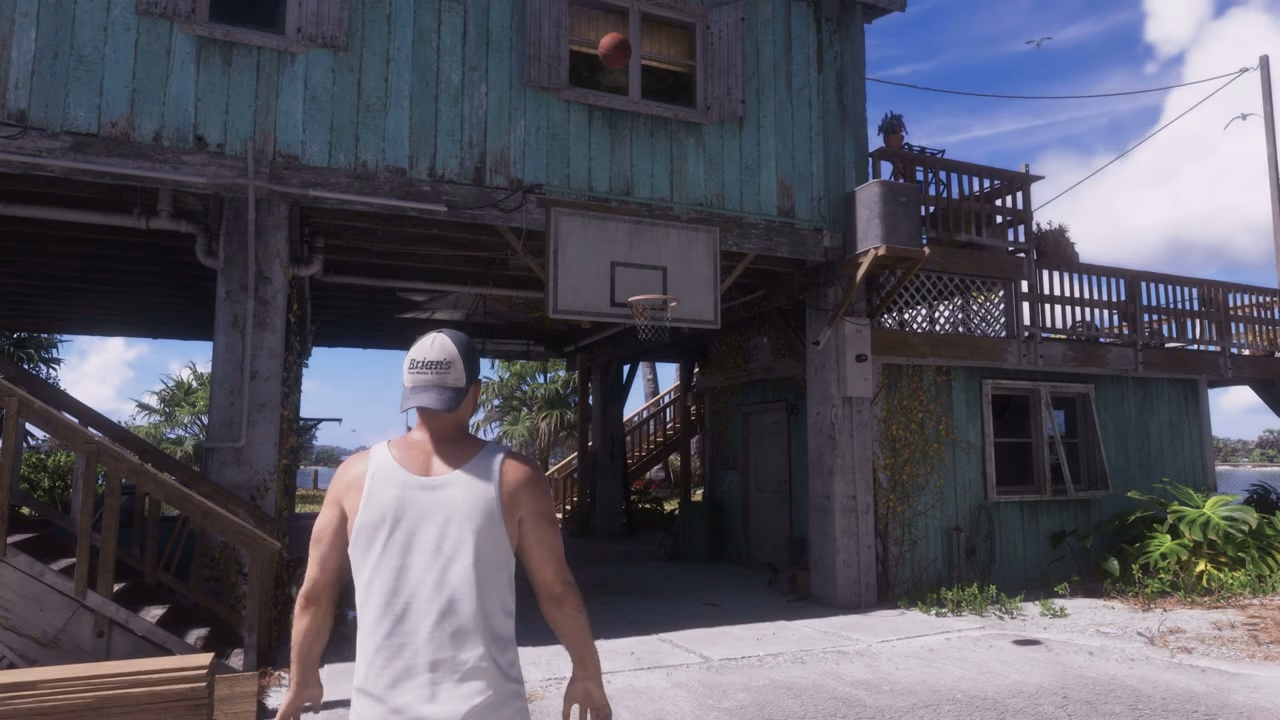 A player character taking a basketball shot on an outdoor court in Rockstar's Extended Look