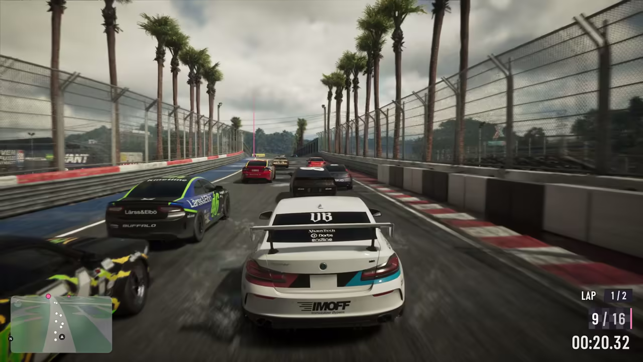 A closed-circuit race showing lap, position, timer, minimap, and route marker UI in Rockstar's Extended Look