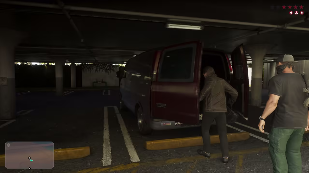 A burgundy and grey panel van with its rear doors open during a crew transfer in Rockstar's Extended Look