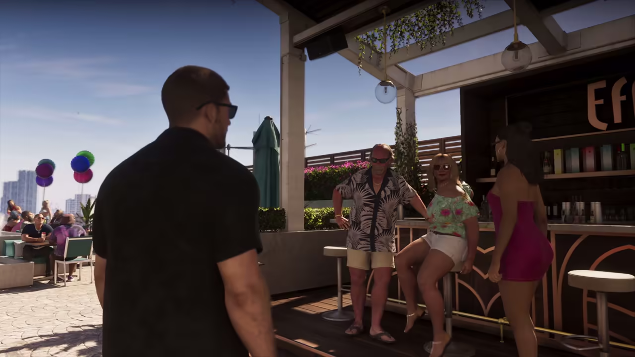 Lori speaking with Brian Heder and Jason at a rooftop bar in Rockstar's Extended Look