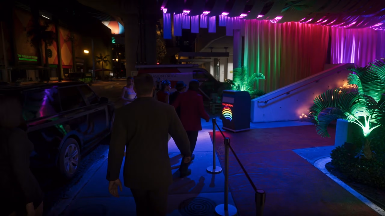 Jason and Lucia entering the signed Megamundo corporate building in Rockstar's Extended Look