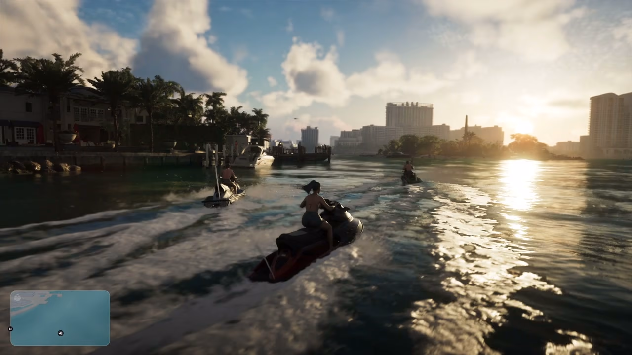 Three personal watercraft travelling together across open water in Rockstar's Extended Look