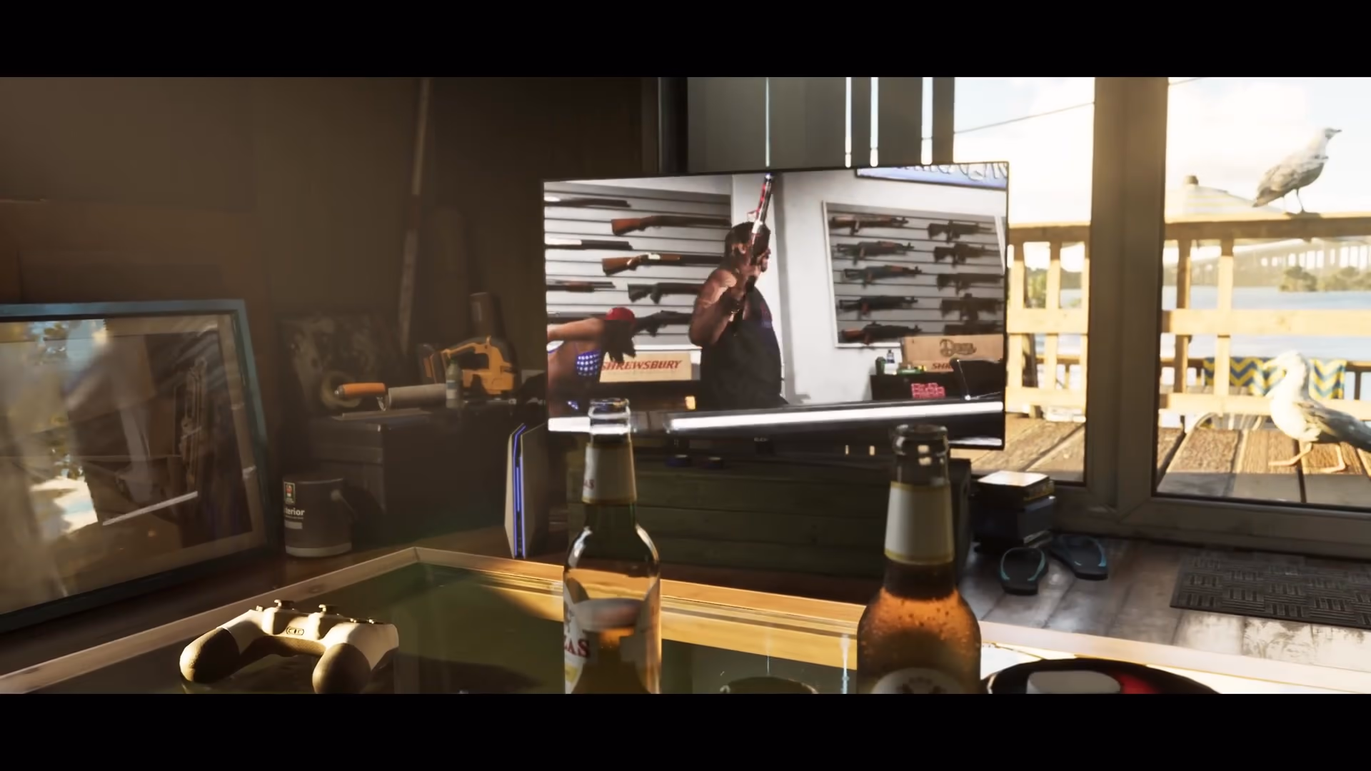 A gun-store television showing an unidentified local personality in official GTA 6 footage