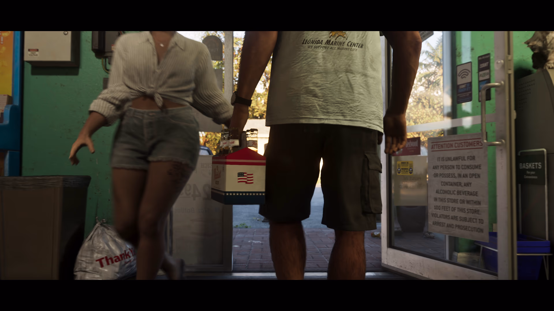 Customers entering a small Leonida convenience store in official GTA 6 footage