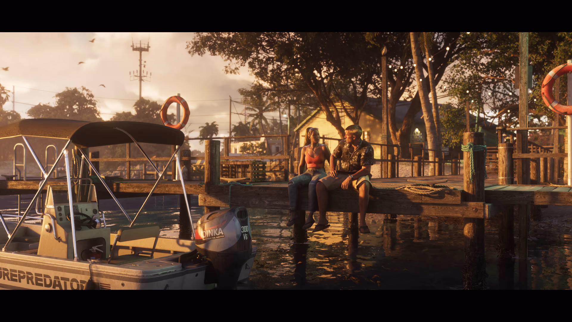 Small boats tied beside a Leonida Keys dock at sunset in official GTA 6 footage