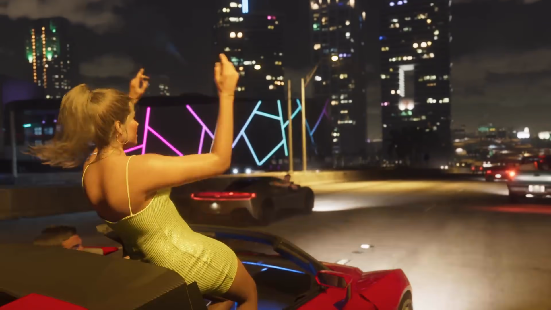 Low red supercar and Vice City highway traffic in official GTA 6 Trailer 1 footage
