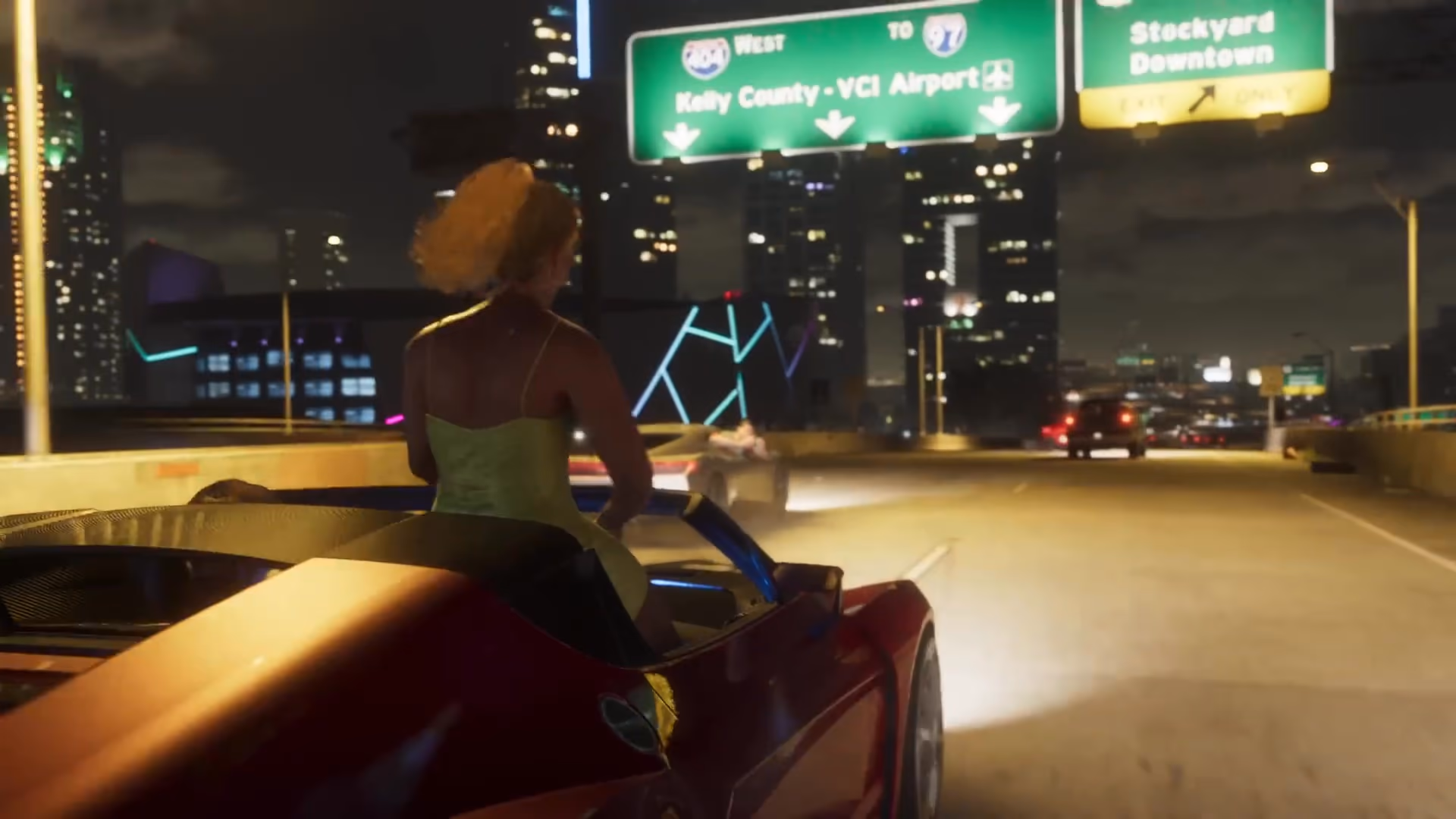 Red exotic sports car driving through Vice City in official GTA 6 Trailer 1 footage