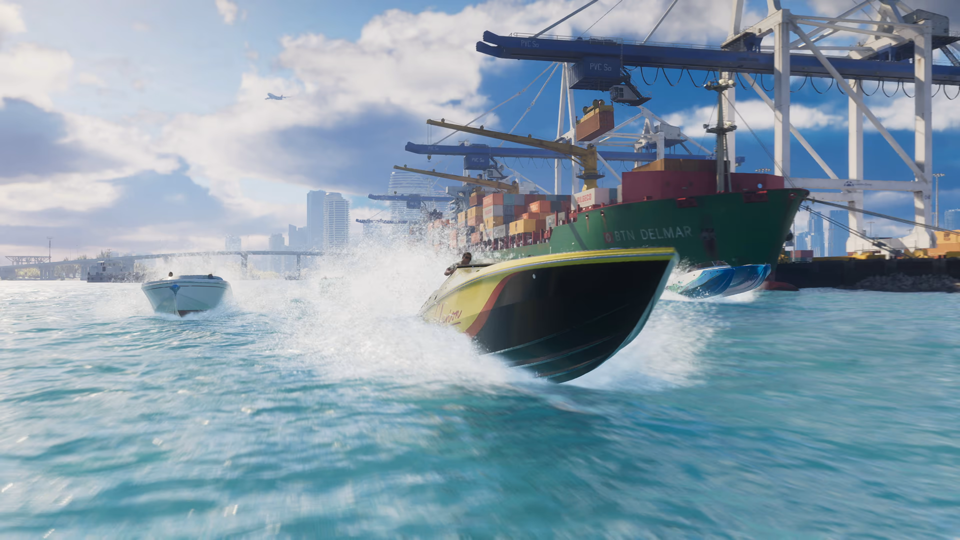 A container ship and speedboats moving through a Vice City port in official GTA 6 footage