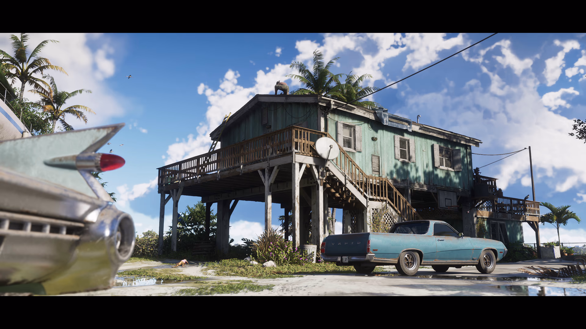 A weathered stilt house and classic convertible in the Leonida Keys in official GTA 6 footage