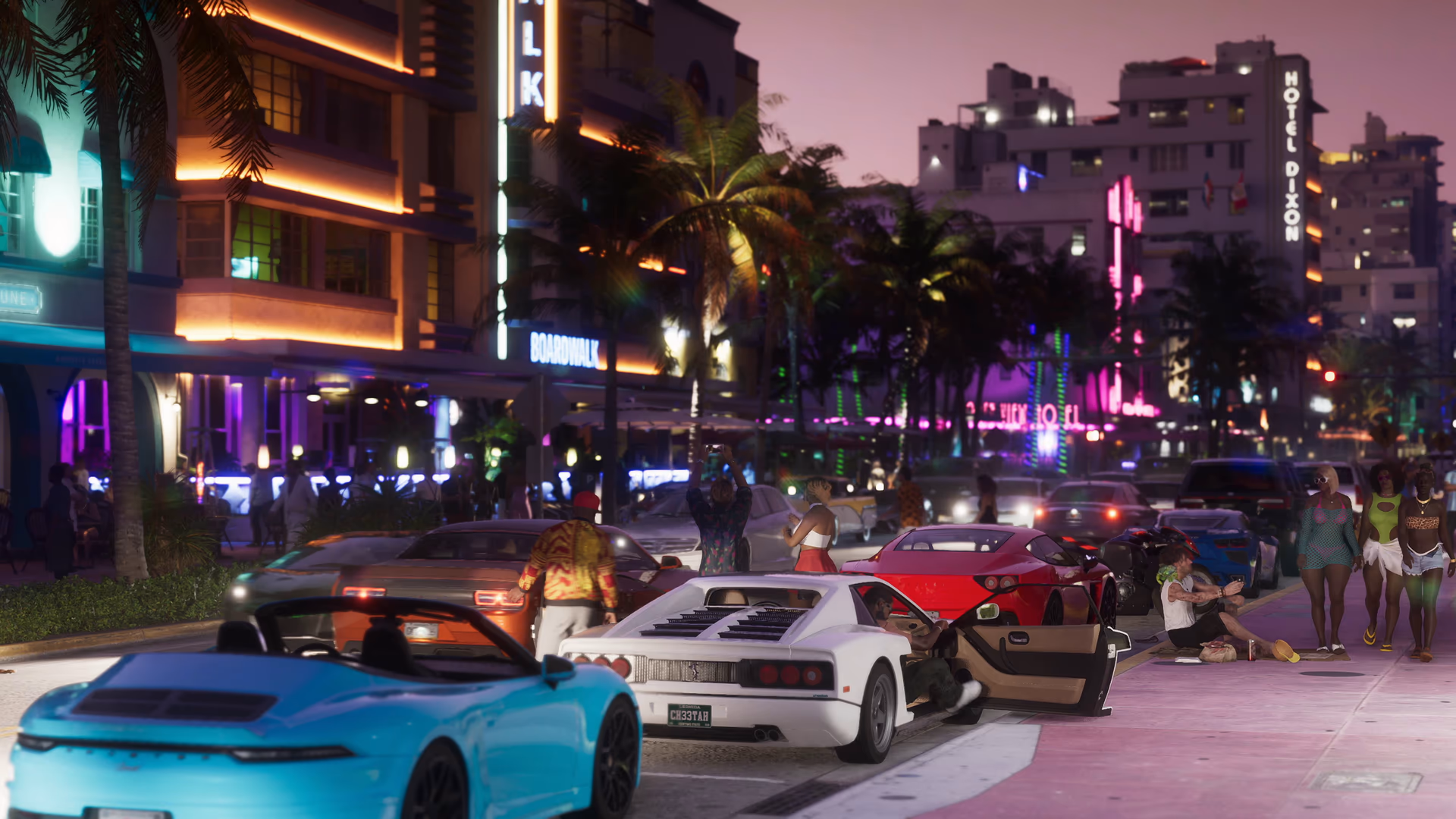 Distinct sports cars and motorcycles in neon-lit Vice City traffic in official GTA 6 footage