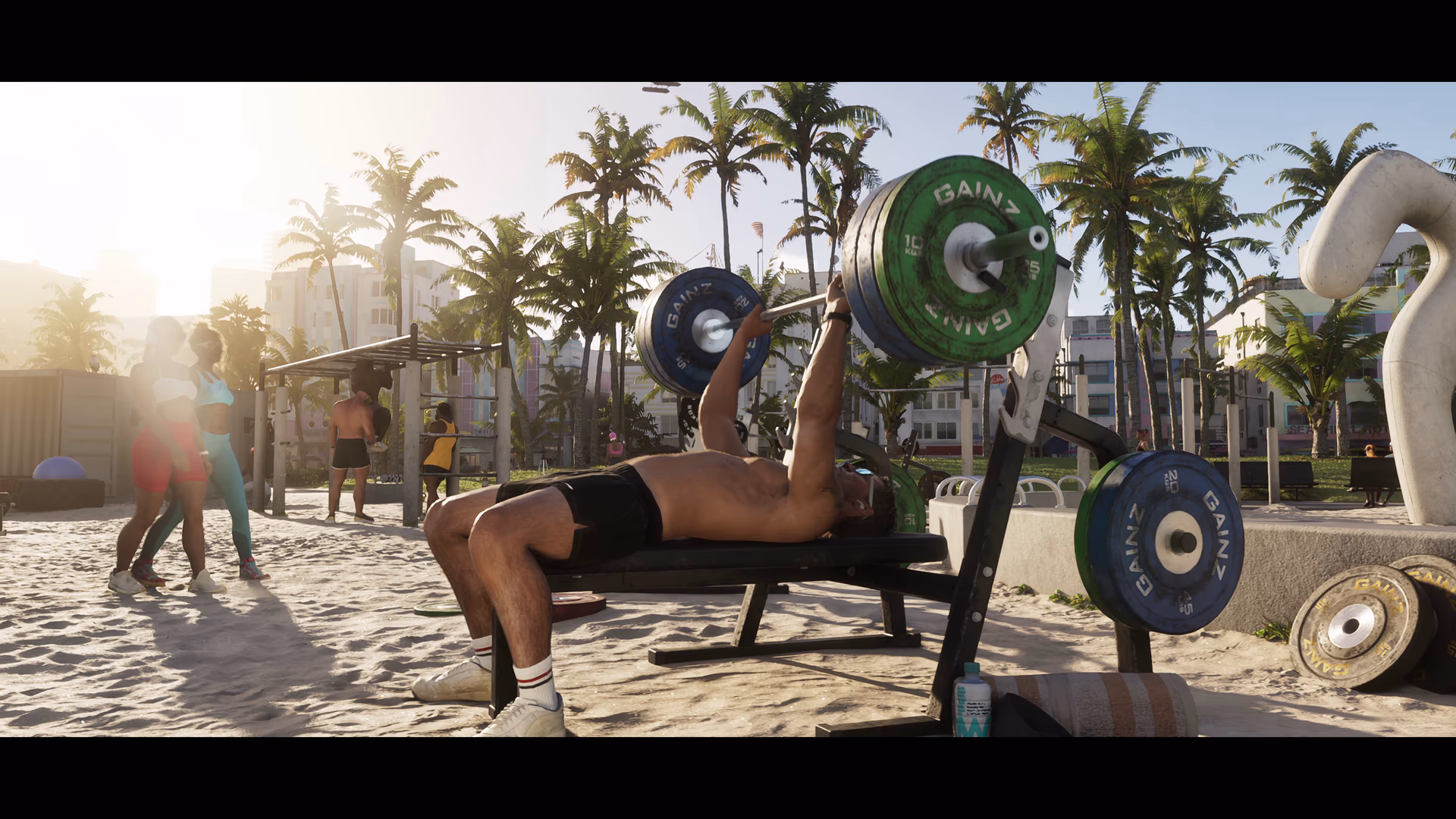 People training at a beachfront outdoor gym in official GTA 6 footage
