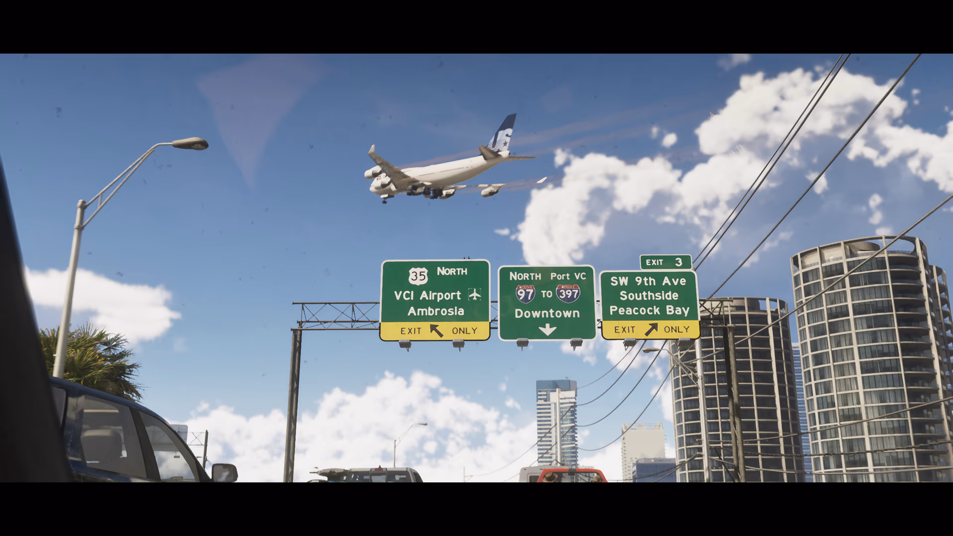 A passenger jet passing above a signed Vice City highway in official GTA 6 footage